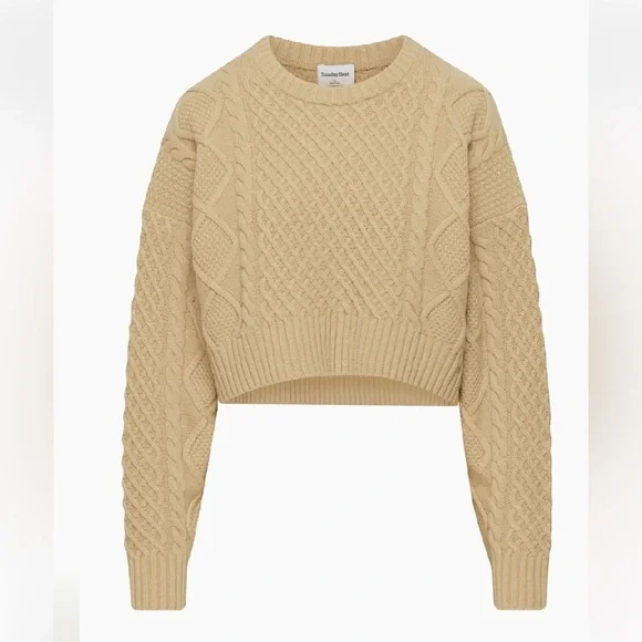 Aritzia Sunday Best Peggy Cropped Merino Wool Cable Knit Cream Sweater 2XS - Picture 5 of 14